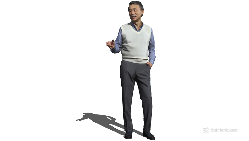 Middle Aged Man Standing In White Sweater Vest Blue Shirt And Gray Pants 3d model 