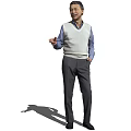 Middle Aged Man Standing In White Sweater Vest Blue Shirt And Gray Pants