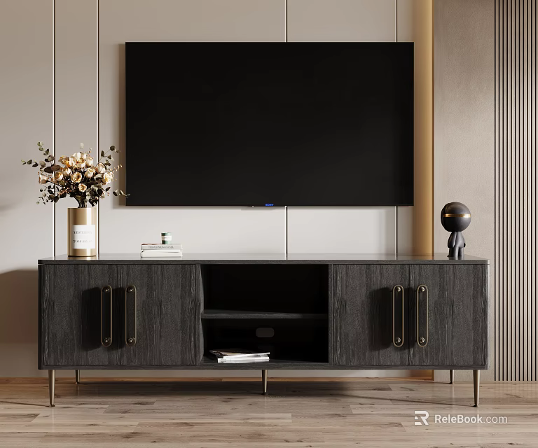 Modern Black TV Stand With Metal Handles Open Shelf And Decorative Vase 3d model 