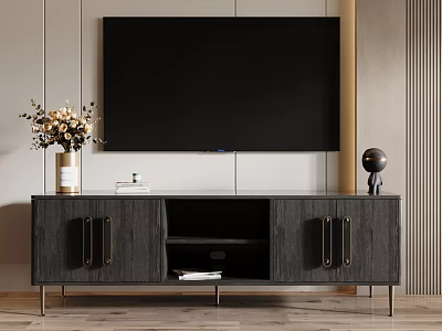 Modern Black TV Stand With Metal Handles Open Shelf And Decorative Vase 3d model