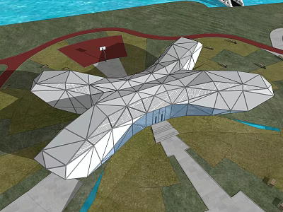 Modern Geometric Architectural Building With White Facade Green Lawns And Blue Water 3d model