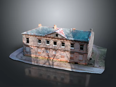 Old Two Story Brick Building Exterior With Green Roof Red Patch And Multiple Windows 3d model