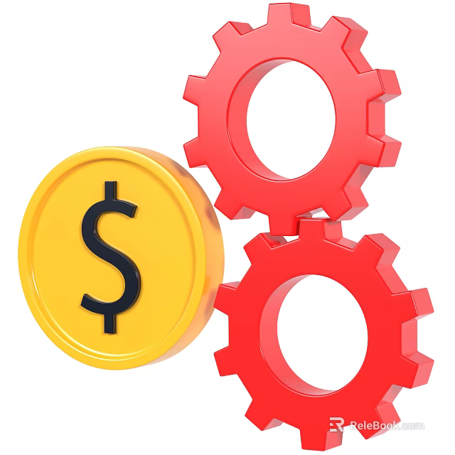 Stylish Decorative Ornament Set with Yellow Dollar Sign Coin and Red Gears 3d model 