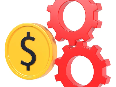 Stylish Decorative Ornament Set with Yellow Dollar Sign Coin and Red Gears 3d model