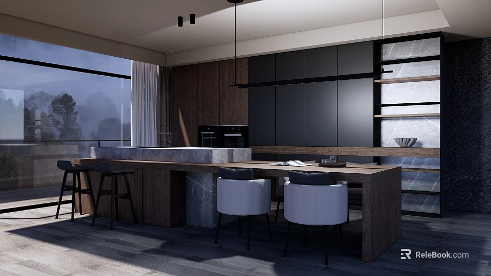 Modern Restaurant Interior Design With Open Concept Bar Counter Wooden Cabinets And Large Windows 3d model 