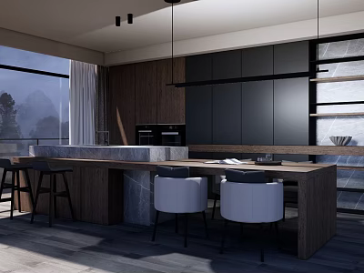 Modern Restaurant Interior Design With Open Concept Bar Counter Wooden Cabinets And Large Windows 3d model
