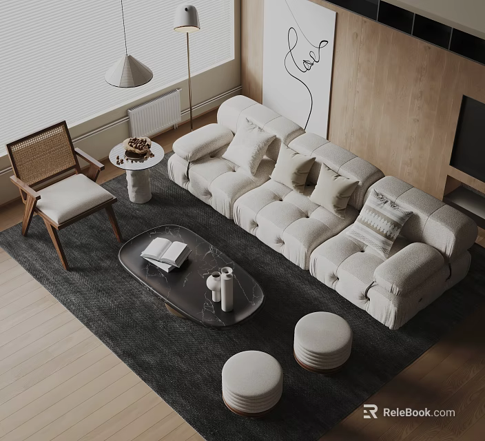 Modern Beige Sofa Coffee Table Set With Cushions Grey Rug And Wicker Chair 3d model 