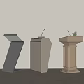 Various Stylish Podiums In Wood And Metal Designs With Microphones And Small Plants