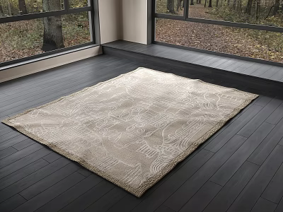 Patterned Beige Square Rug On Dark Wooden Floor In Modern Room With Forest View Window 3d model