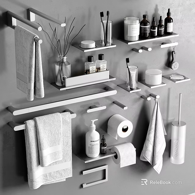 Bathroom Accessories Display With Towel Racks Hanging Towels Shelves Toilet Paper And Toiletries 3d model 