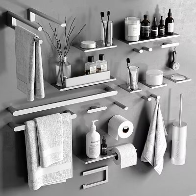 Bathroom Accessories Display With Towel Racks Hanging Towels Shelves Toilet Paper And Toiletries 3d model