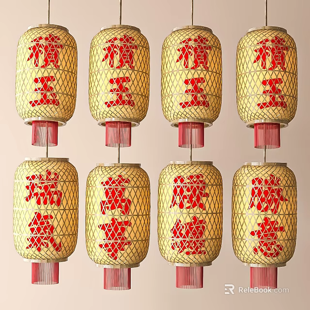 Yellow Traditional Chinese Lanterns with Red Characters in Multiple Rows for Festive Use 3d model
