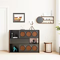 Modern Black And Wooden Sideboard With Circular Panels Wall Art Floating Shelves And Table Lamp