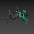 Green Elf Riding Black Horse With Raised Hand And Red Hooves