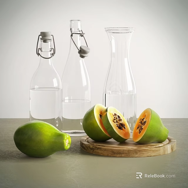 Fresh Ripe Whole and Sliced Papaya on Wooden Tray with Glass Water Bottles 3d model 