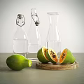 Fresh Ripe Whole and Sliced Papaya on Wooden Tray with Glass Water Bottles