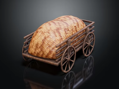 Woven Textured Item Displayed On Wooden Cart With Spoked Wheels And Smooth Surface 3d model
