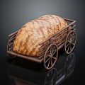 Woven Textured Item Displayed On Wooden Cart With Spoked Wheels And Smooth Surface