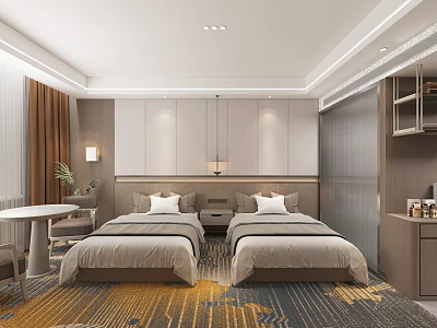 Modern Hotel Guest Room With Twin Beds Patterned Carpet Wooden Table And Comfortable Chairs 3d model