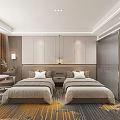 Modern Hotel Guest Room With Twin Beds Patterned Carpet Wooden Table And Comfortable Chairs