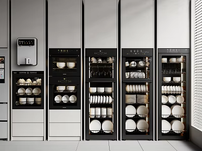 Modern Kitchen Appliances With Sleek Built in Cabinets And Organized Dishes Utensils 3d model