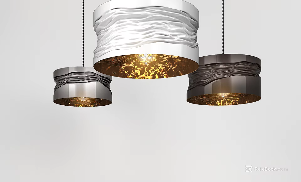 Three Modern Pendant Lights With Wavy Metal Shades And Warm Illumination 3d model 