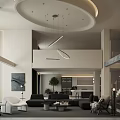 Spacious High Ceiling Living And Dining Room With Elegant Minimalist Interior Design And Cozy Furnishings