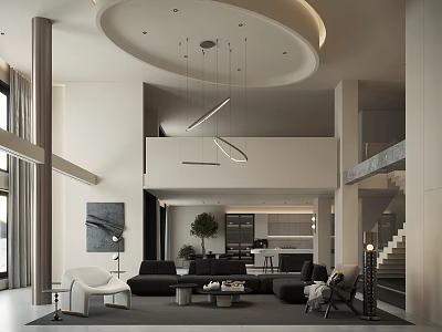 Spacious High Ceiling Living And Dining Room With Elegant Minimalist Interior Design And Cozy Furnishings 3d model