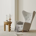 Modern Light Gray Wingback Single Sofa With Wooden Side Table And Knitted Blanket
