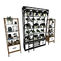 Modern Multi tiered Shelving Units With Green Plants And Storage Design Features