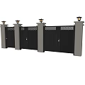 Modern Black Entrance Gate With Vertical Slats Gray Pillars And Lamp Posts 3d model