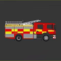 Red Fire Truck with Yellow and Red Stripes Equipped with Ladder on Top 3D Rendering