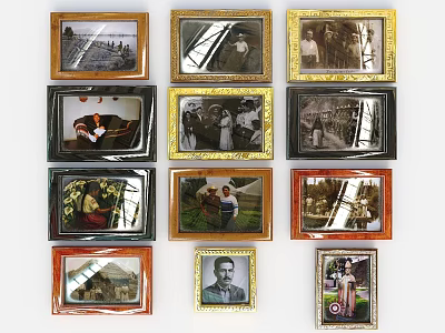 Photo Wall Displaying Various Framed Photos in Different Styles and Grid Arrangement 3d model