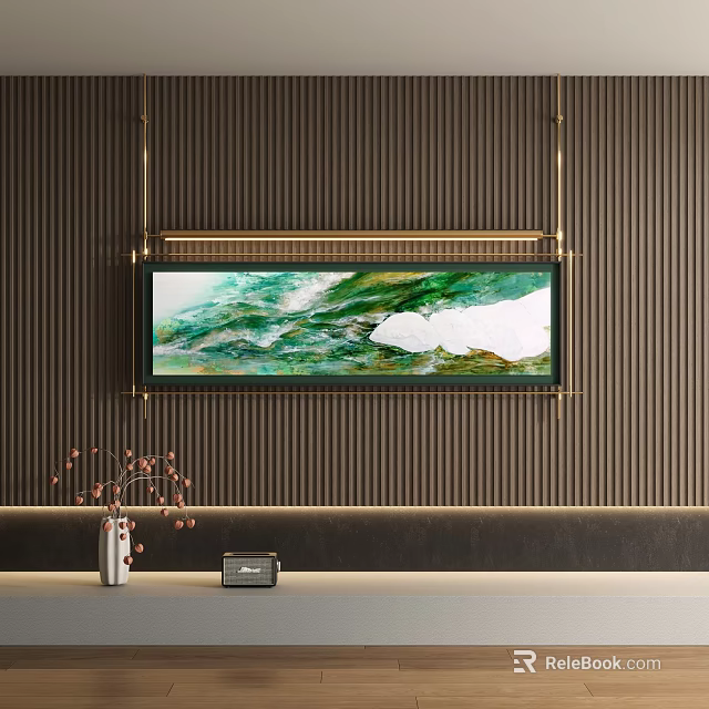 Abstract Painting With Green And White Fluid Strokes Hanging On Dark Vertical Striped Wall 3d model 
