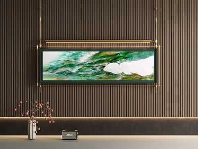 Abstract Painting With Green And White Fluid Strokes Hanging On Dark Vertical Striped Wall 3d model