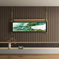 Abstract Painting With Green And White Fluid Strokes Hanging On Dark Vertical Striped Wall
