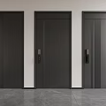 Three Black Modern Security Doors With Metal Handles And Locks Against White Wall