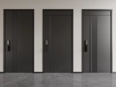 Three Black Modern Security Doors With Metal Handles And Locks Against White Wall 3d model