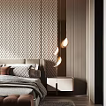Stylish Modern Bedroom Interior Design With Patterned Headboard Wall Bed Nightstands And Soft Rug