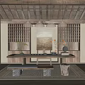 Traditional Tea Room Interior With Wooden Ceiling Pendant Lights Lattice Shelves And Tea Sets