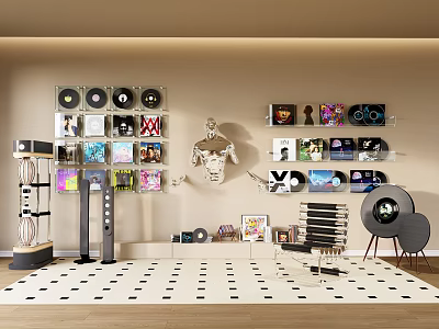 Wall Decor Featuring Vinyl Records Collection Shelves Skeleton And Photo Displays 3d model