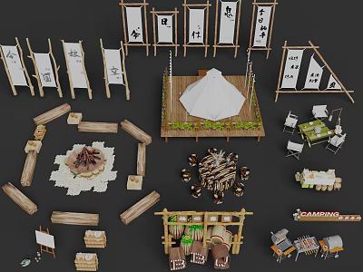 Japanese Style Commercial Equipment For Outdoor Events Featuring Flags Tent Tables Chairs And Display Shelves 3d model