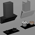 Modern Kitchen Appliances With Black White Range Hoods And Gas Stoves
