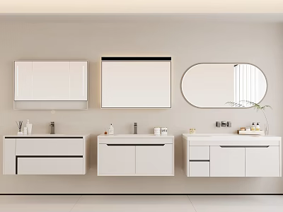 Modern Bathroom Wall Mounted White Washbasins With Rectangular And Oval Mirrors And Storage Cabinets 3d model