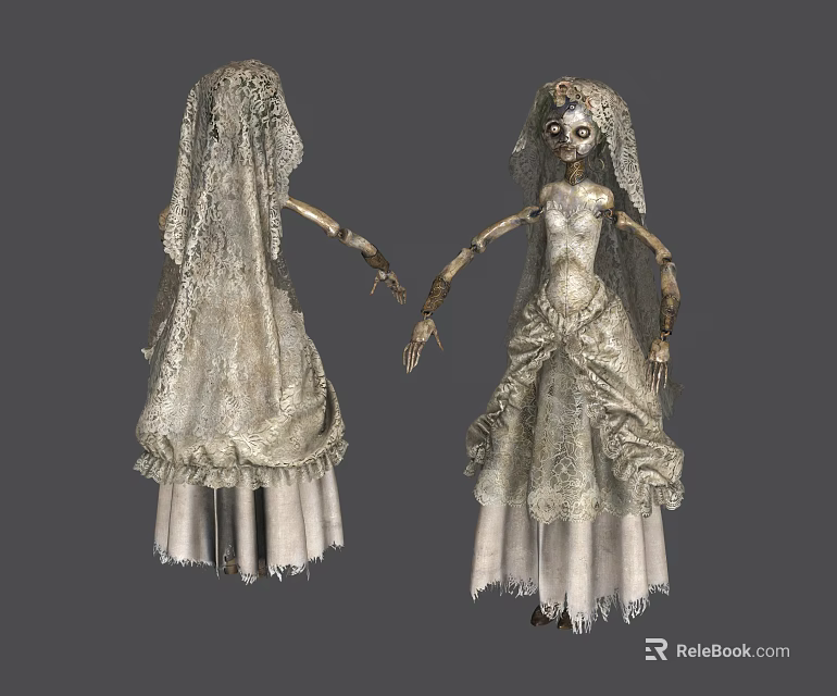 Vintage Skeleton Bride Doll with Tattered Lace Wedding Dress and Veil Front and Back Views 3d model 