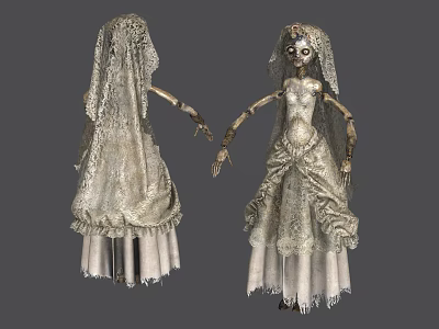 Vintage Skeleton Bride Doll with Tattered Lace Wedding Dress and Veil Front and Back Views 3d model