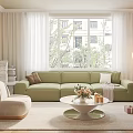 Bright Living Room with Green Sofa Beige Armchair Round Coffee Table and Floor Lamp