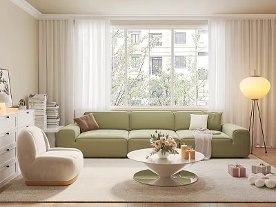 Bright Living Room with Green Sofa Beige Armchair Round Coffee Table and Floor Lamp 3d model