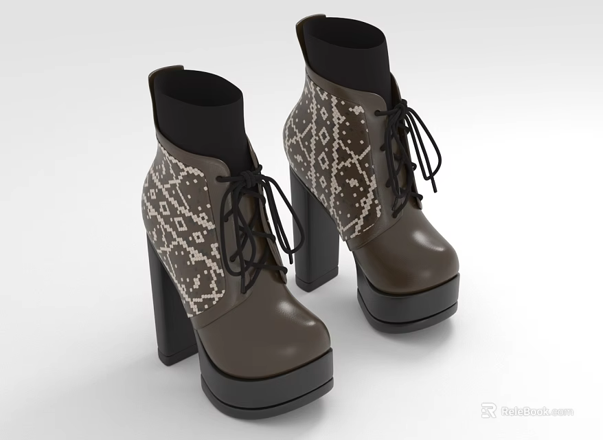 Elegant High Heel Ankle Boots With Block Heels Lace Detailing And Brown Black Color 3d model 