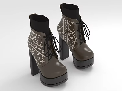 Elegant High Heel Ankle Boots With Block Heels Lace Detailing And Brown Black Color 3d model